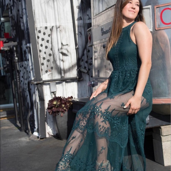 Lace Maxi Dress-Dark Green - Picture 1 of 6